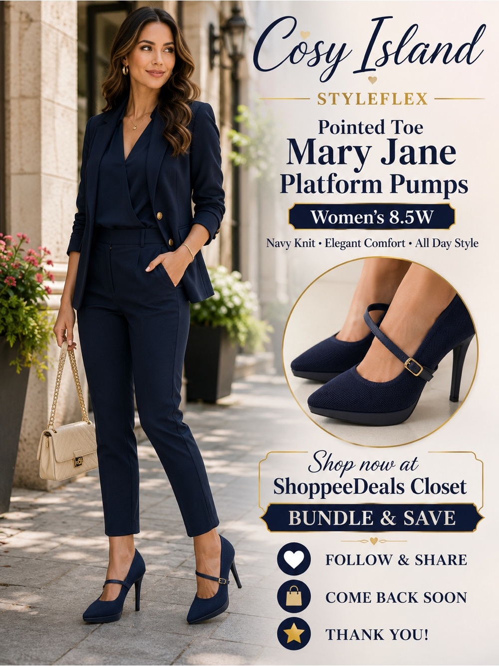 Cosy Island StyleFlex Navy Knit Mary Jane Pointed Toe Platform Heels – 8.5W